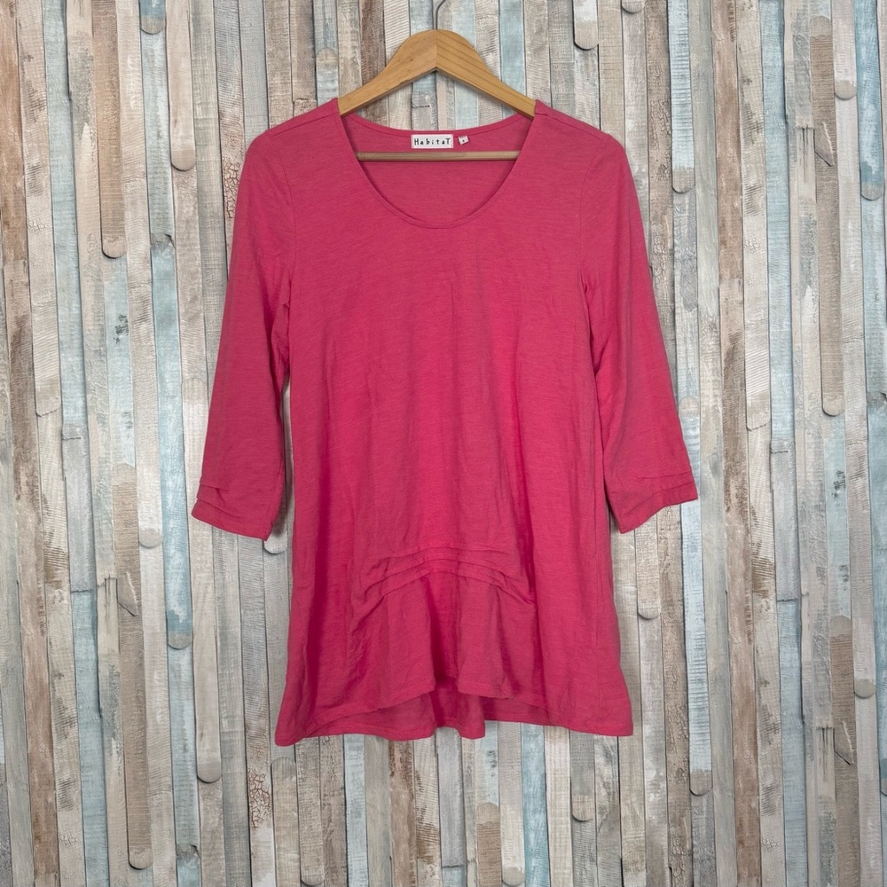 Habitat S Easy 3/4‎ Sleeve Knit Top Tee Shirt Pink Ruched Scoop Neck Lagenlook